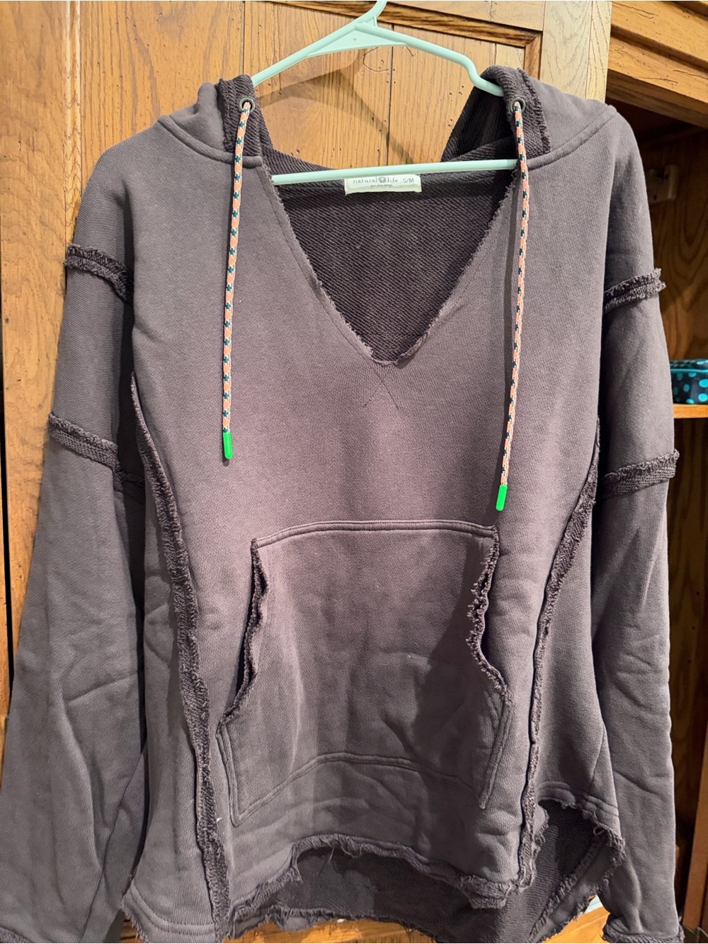 NATURAL LIFE Charcoal Washed V-Neck Hoodie with Contrast Drawcords